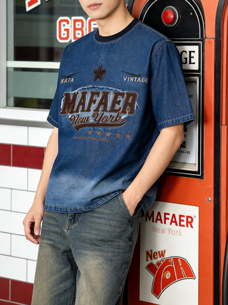 Star Embroidery Gradient Denim T-shirts - Image 5