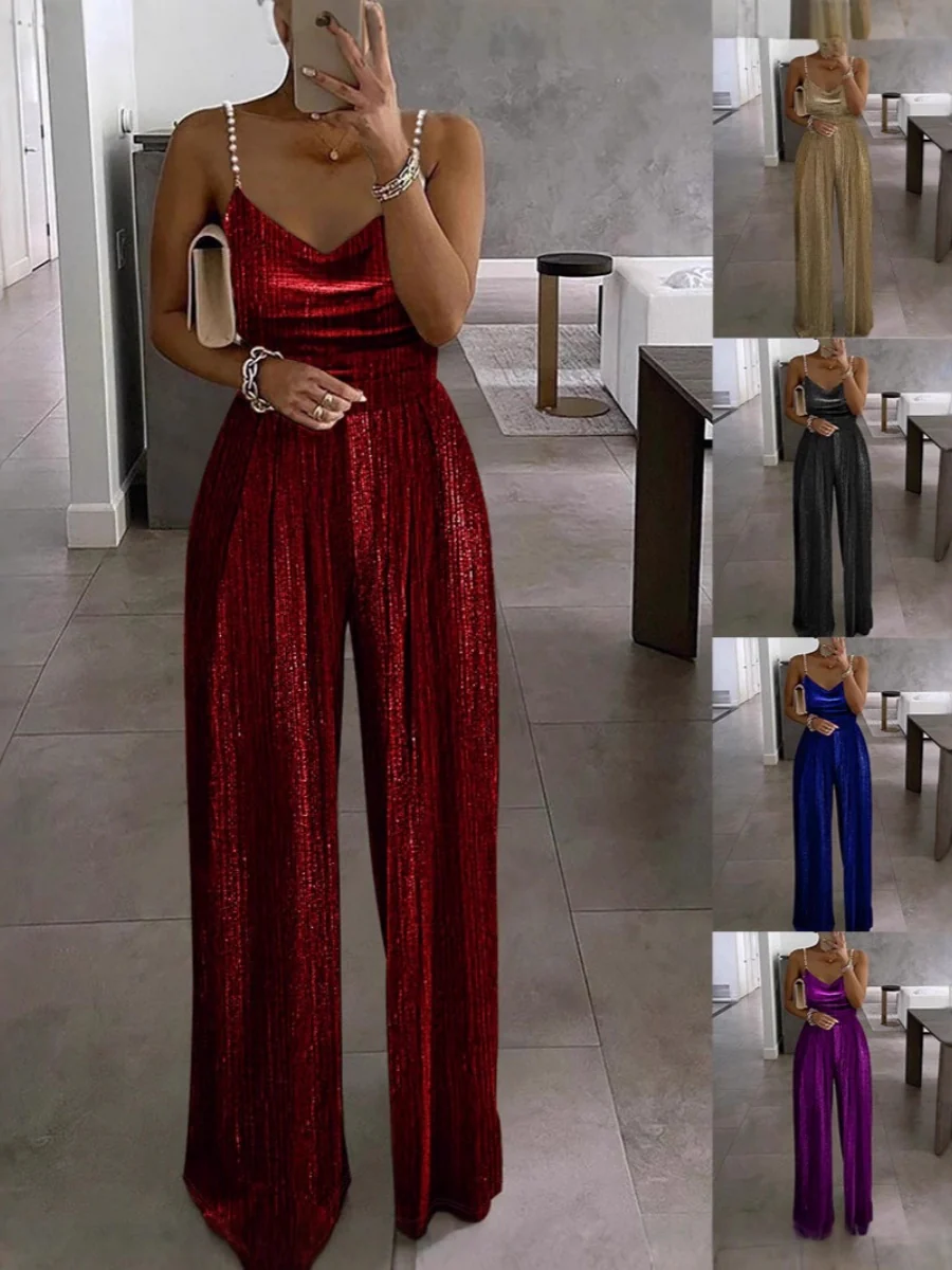 Wide-leg Pants Camisoles Waist Metallic Color Jumpsuits - Image 2