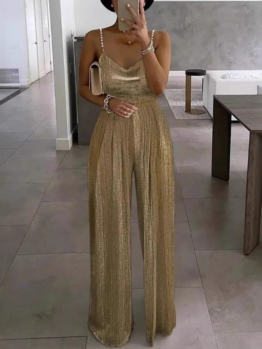 Wide-leg Pants Camisoles Waist Metallic Color Jumpsuits - Image 3