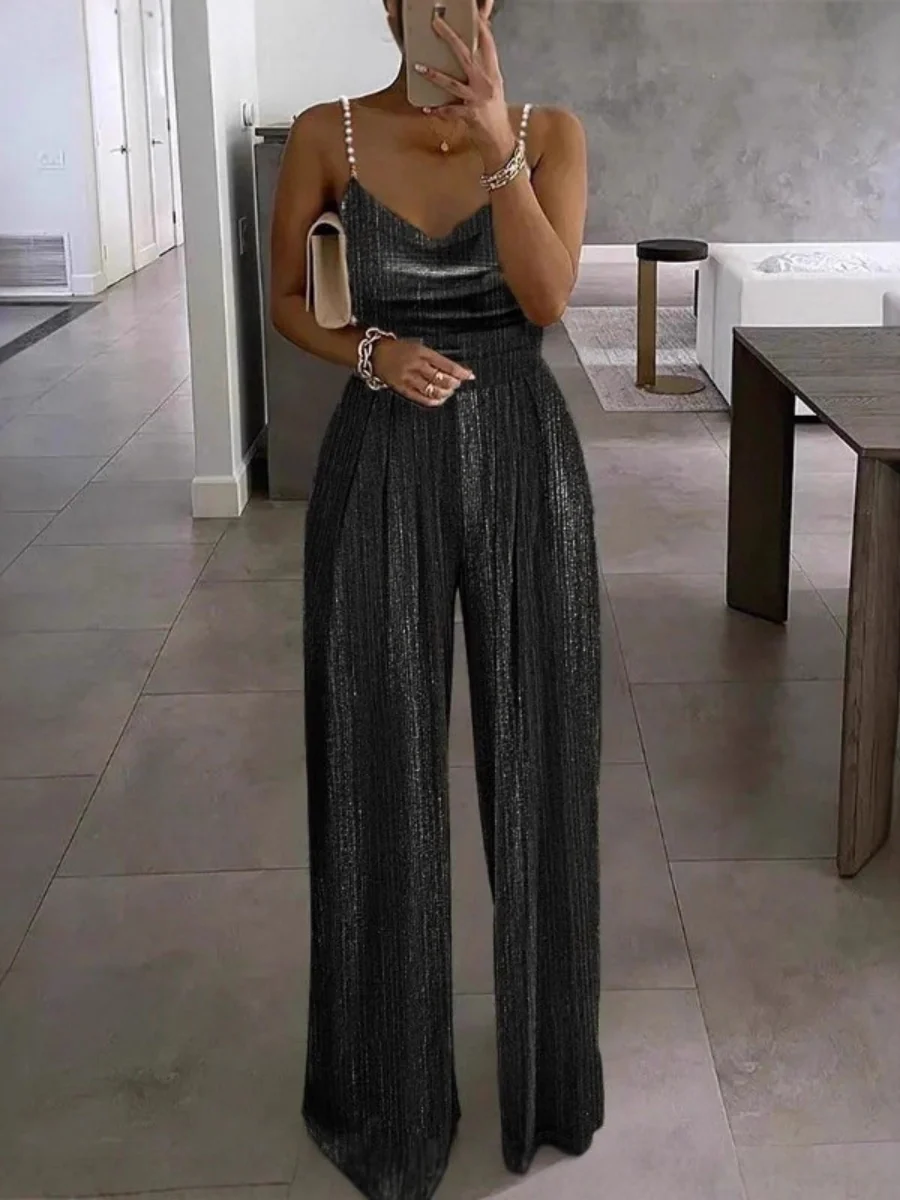 Wide-leg Pants Camisoles Waist Metallic Color Jumpsuits - Image 4