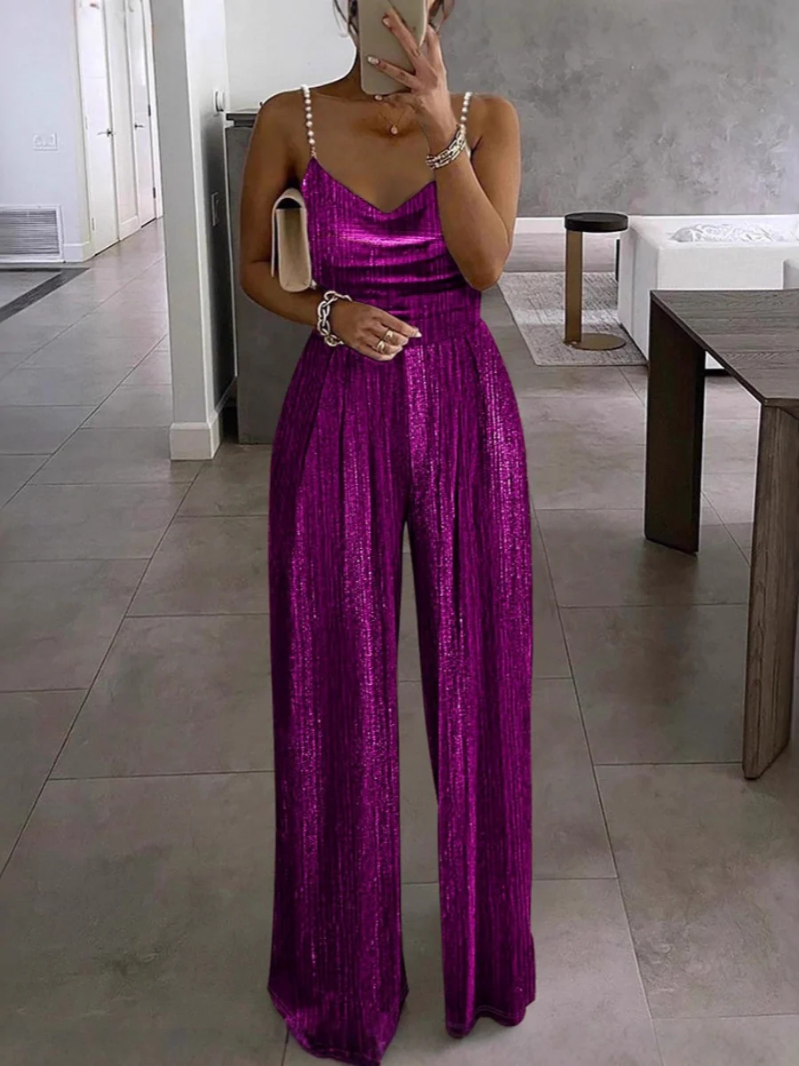 Wide-leg Pants Camisoles Waist Metallic Color Jumpsuits - Image 5
