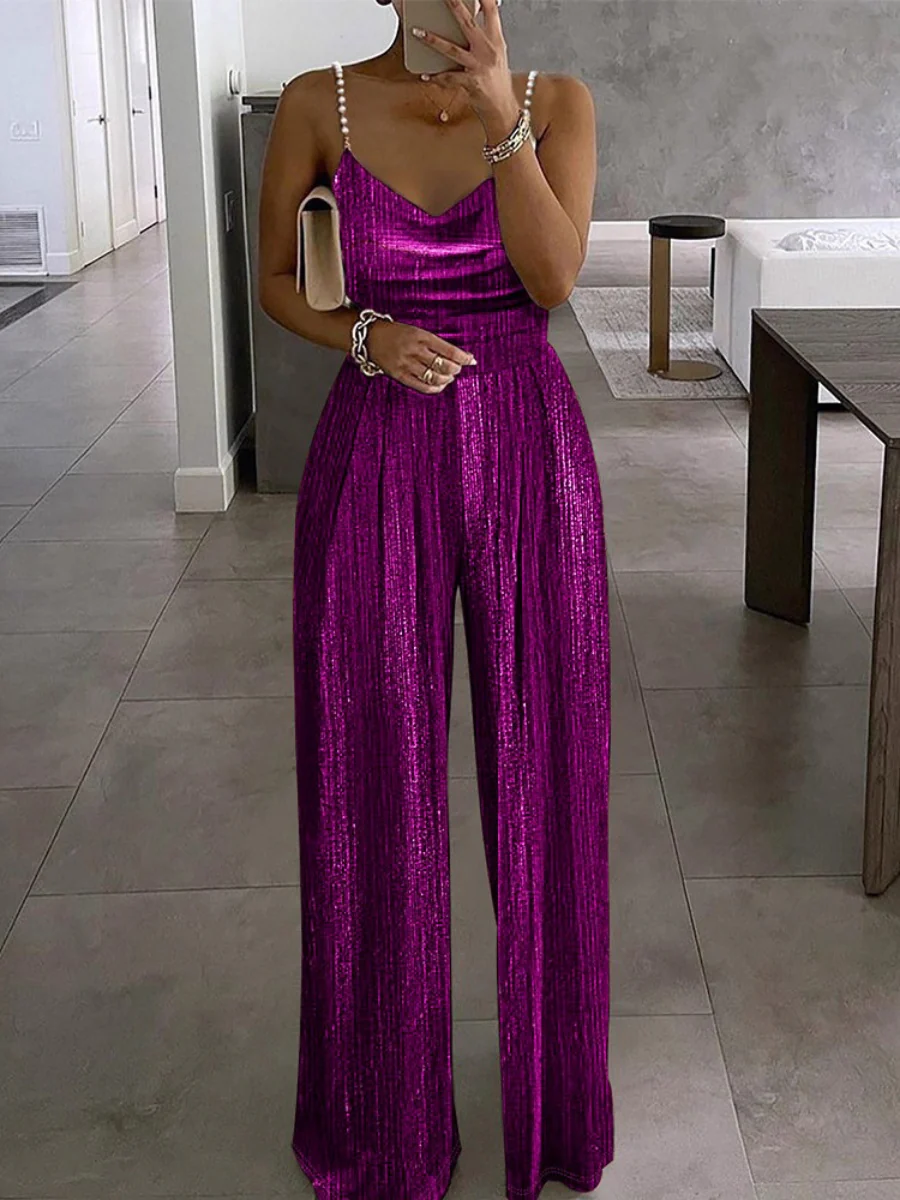 Wide-leg Pants Camisoles Waist Metallic Color Jumpsuits - Image 7