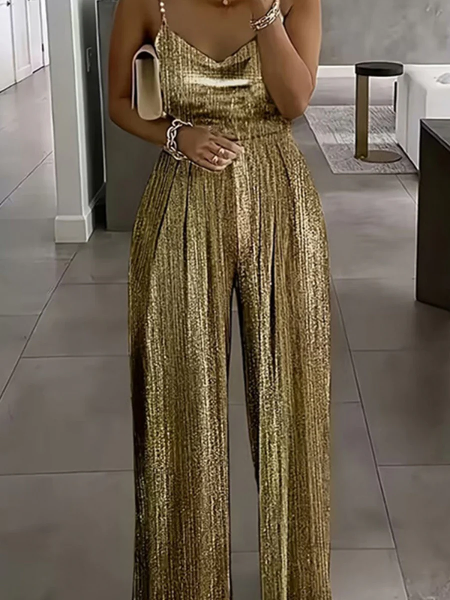 Wide-leg Pants Camisoles Waist Metallic Color Jumpsuits - Image 8