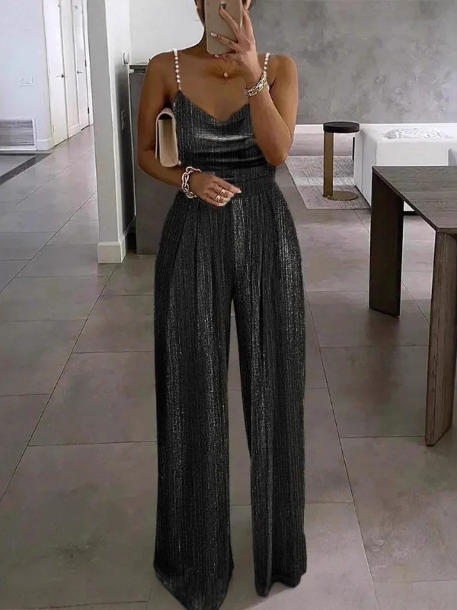 Wide-leg Pants Camisoles Waist Metallic Color Jumpsuits - Image 9