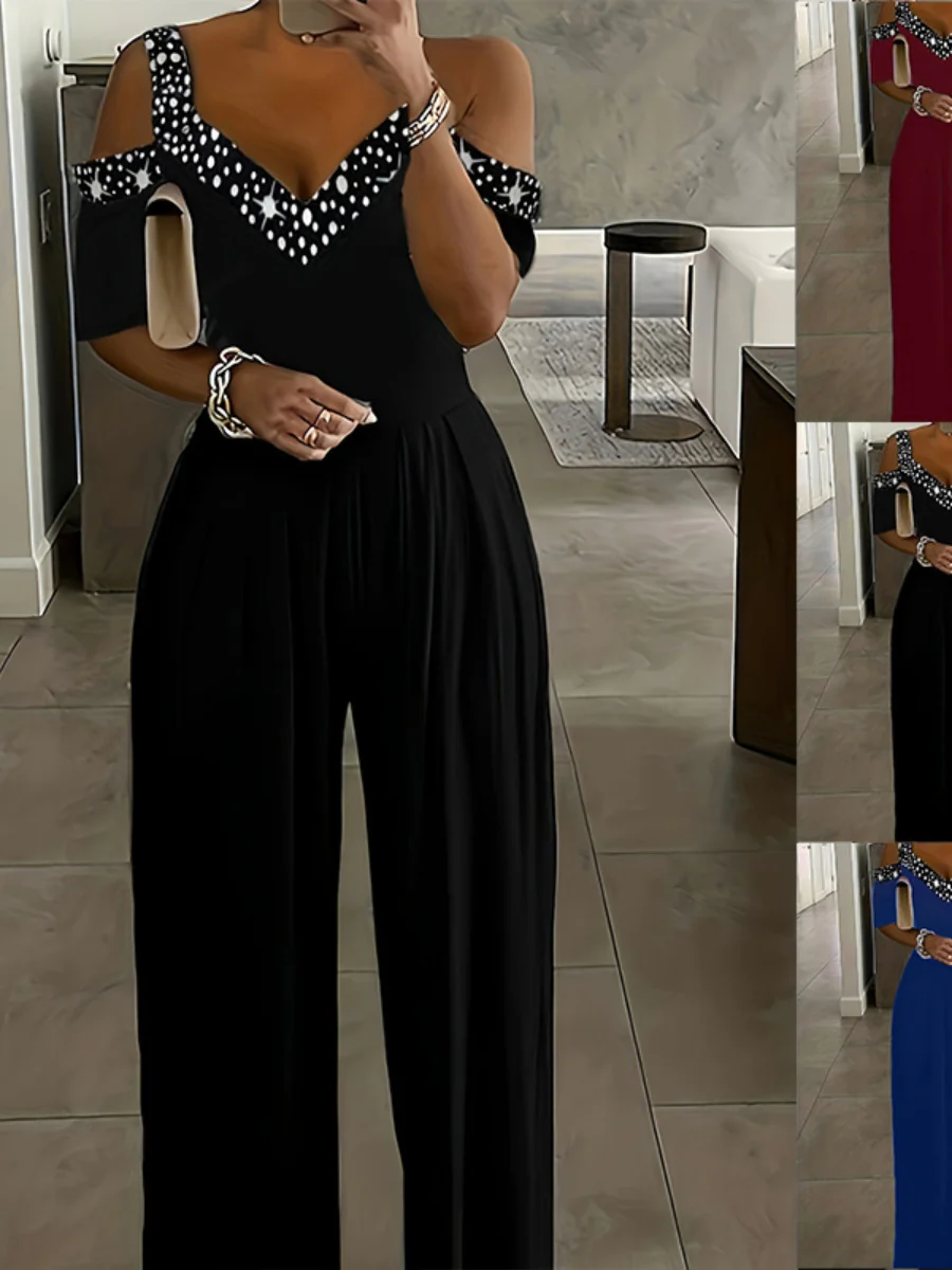 Polka Dot Print Off-shoulder Wide Leg Jumpsuits - Image 2