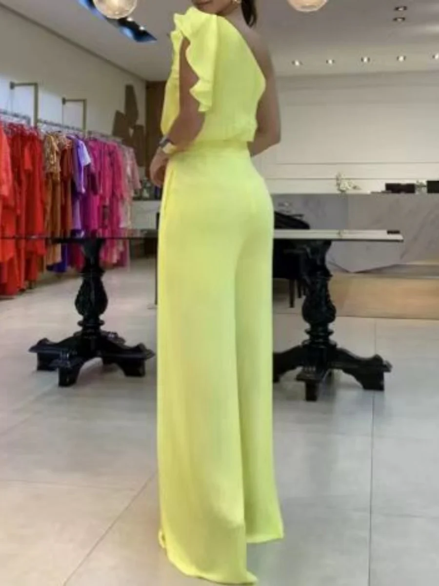 3D Flowers Chiffon Sloping Shoulders Jumpsuits - Image 2