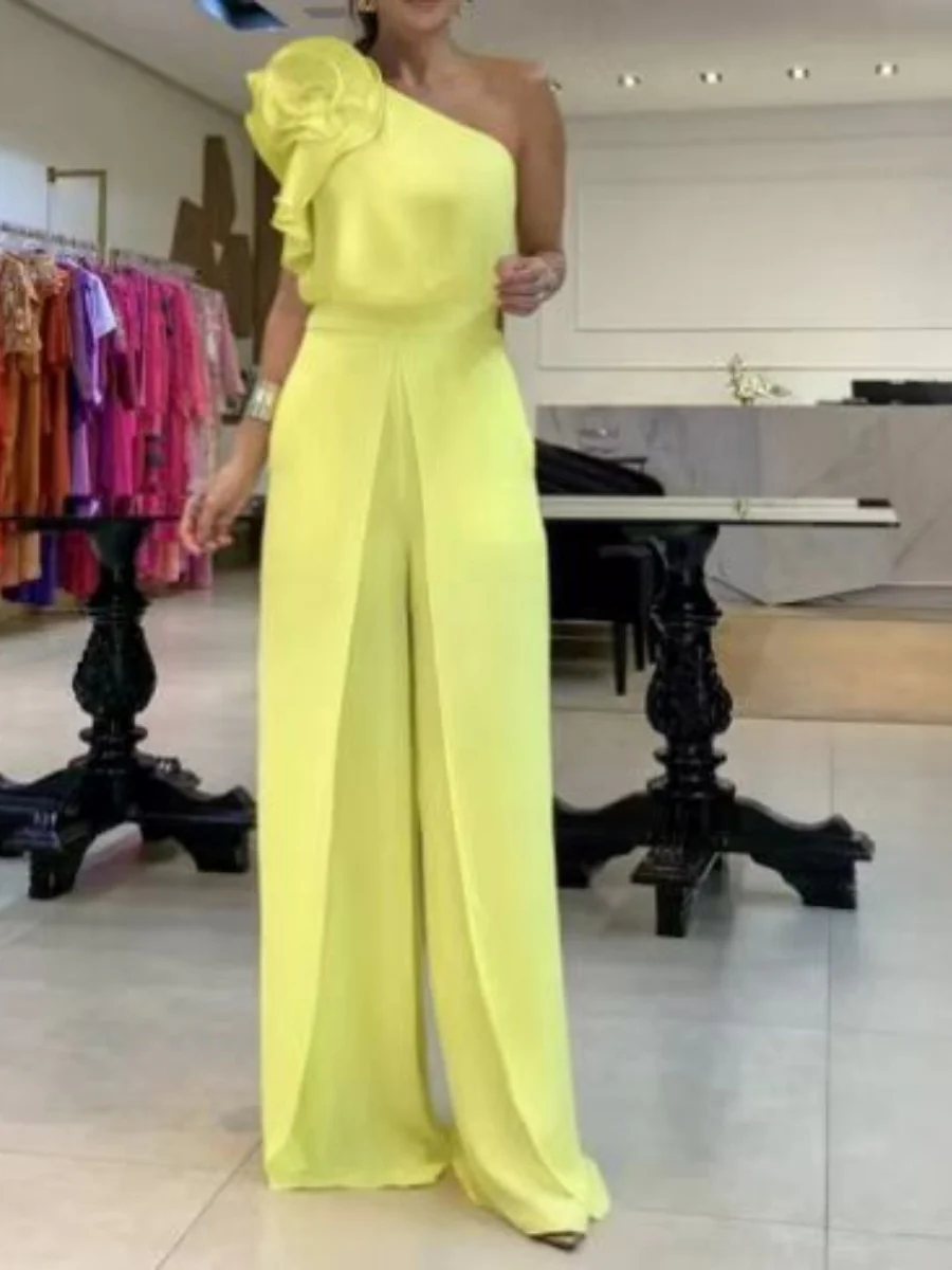 3D Flowers Chiffon Sloping Shoulders Jumpsuits - Image 4