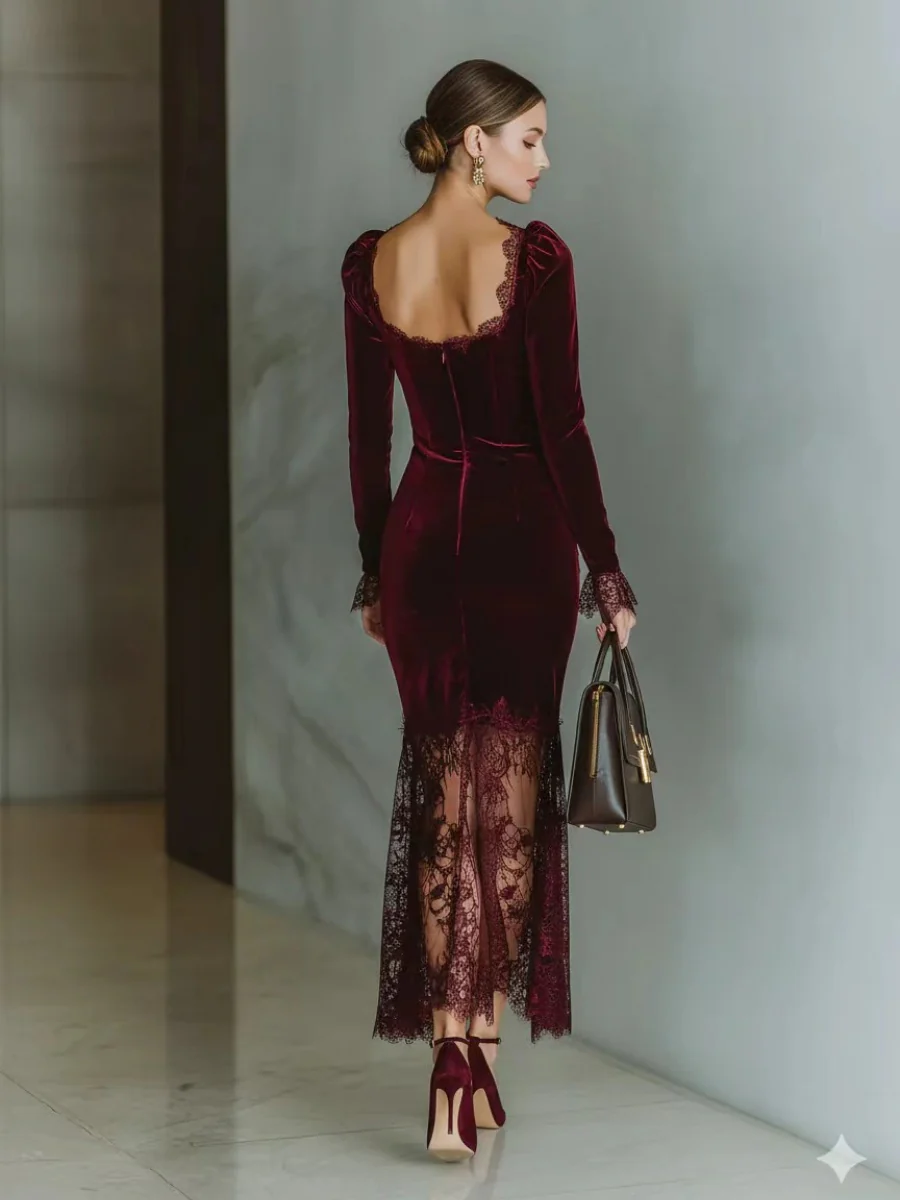 Lace Velvet Fishtail Parties Maxi Dresses - Image 2