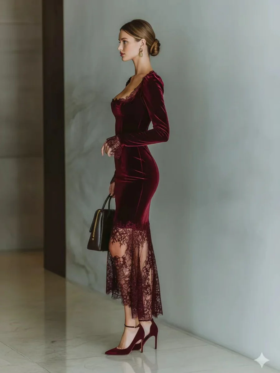 Lace Velvet Fishtail Parties Maxi Dresses - Image 3