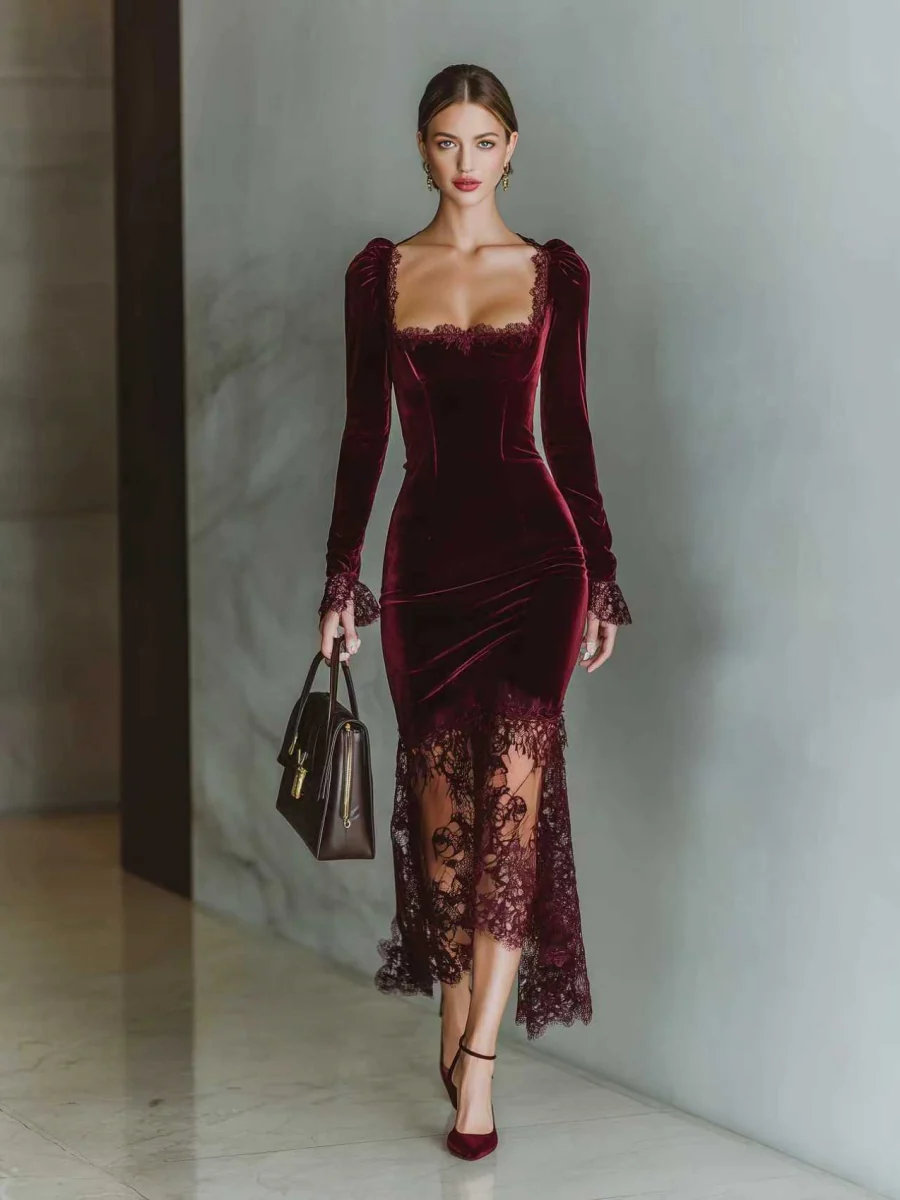 Lace Velvet Fishtail Parties Maxi Dresses - Image 5