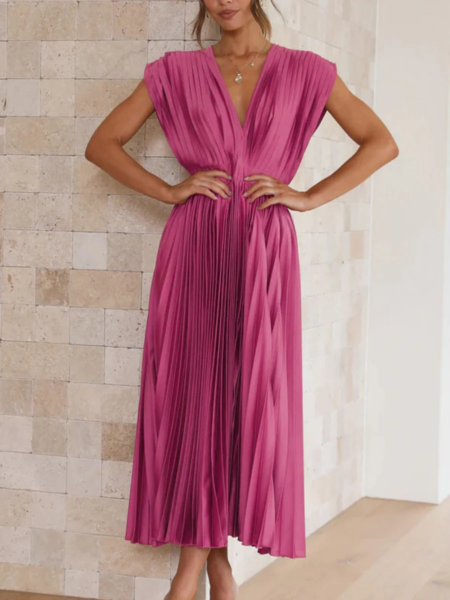 Solid Color V-neck Sleeveless Midi Dresses - Image 10
