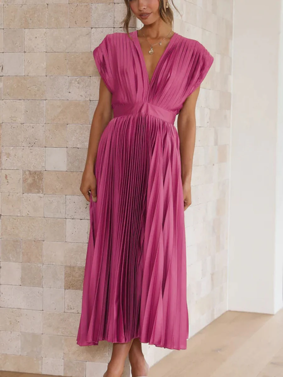 Solid Color V-neck Sleeveless Midi Dresses - Image 11