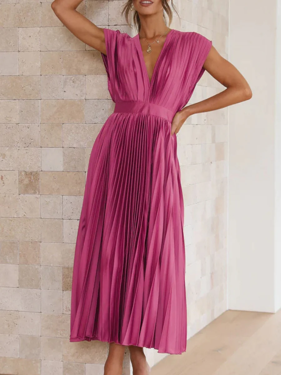 Solid Color V-neck Sleeveless Midi Dresses - Image 12
