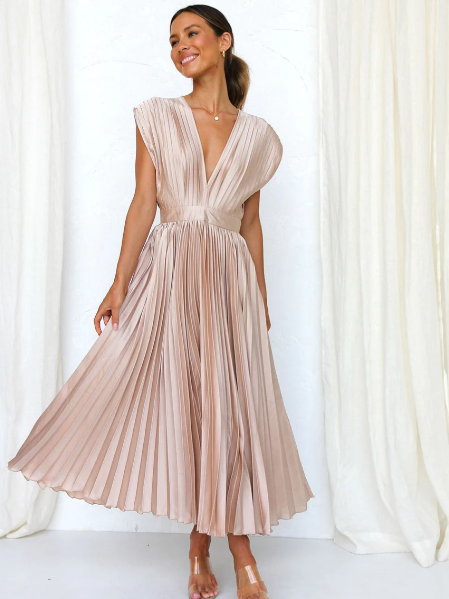 Solid Color V-neck Sleeveless Midi Dresses - Image 13