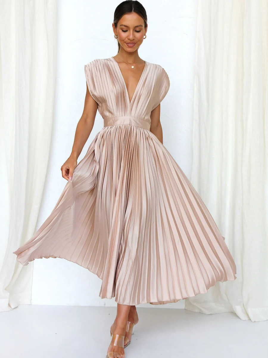 Solid Color V-neck Sleeveless Midi Dresses - Image 15