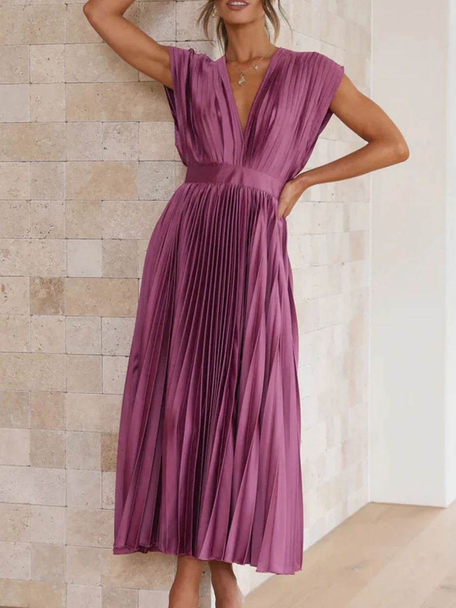 Solid Color V-neck Sleeveless Midi Dresses - Image 2