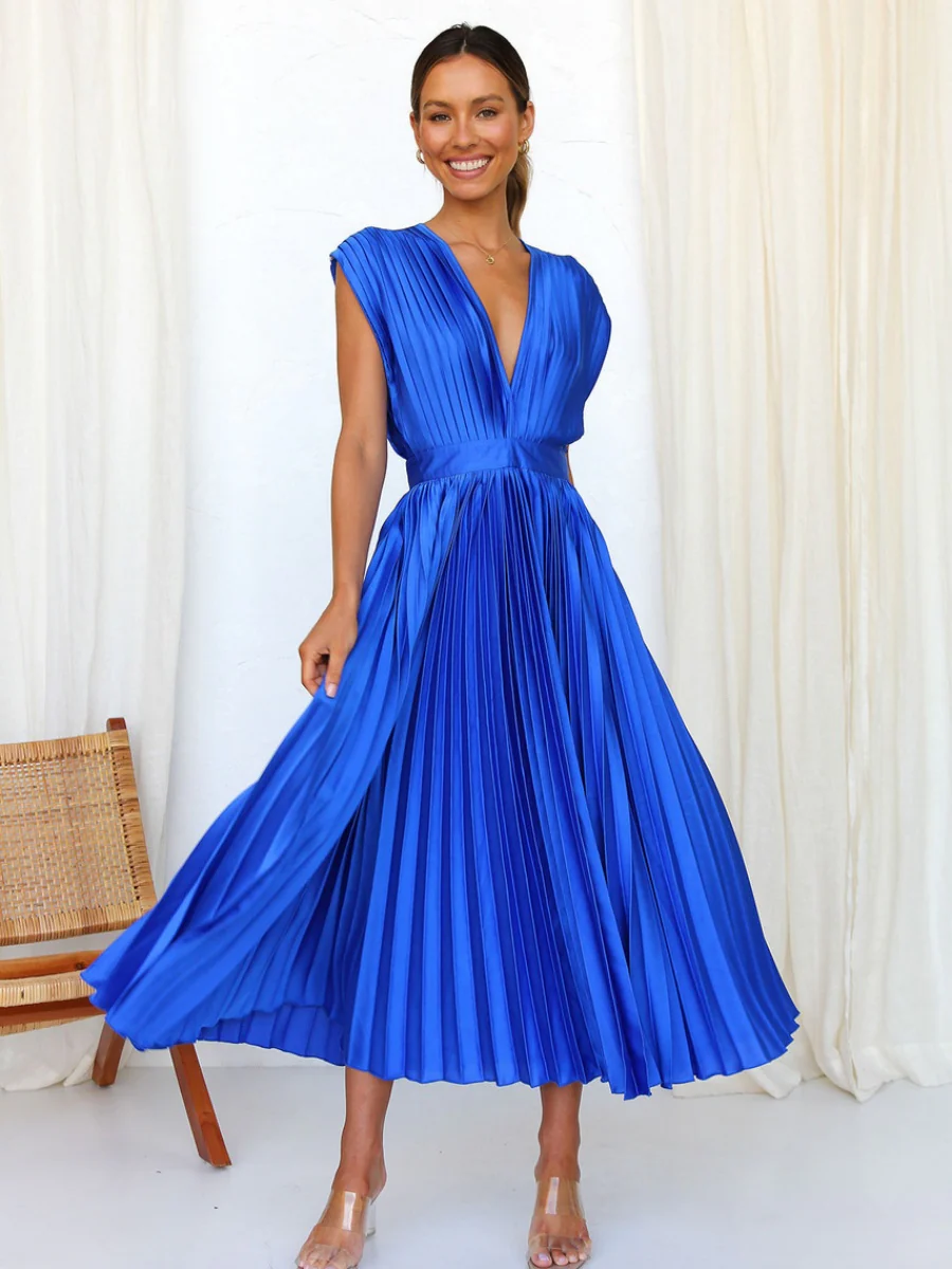 Solid Color V-neck Sleeveless Midi Dresses - Image 23