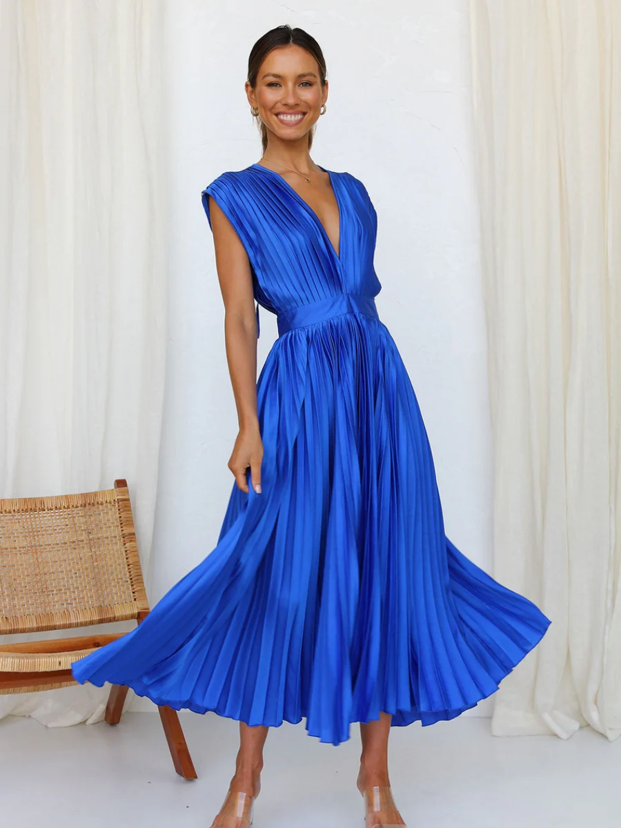 Solid Color V-neck Sleeveless Midi Dresses - Image 24