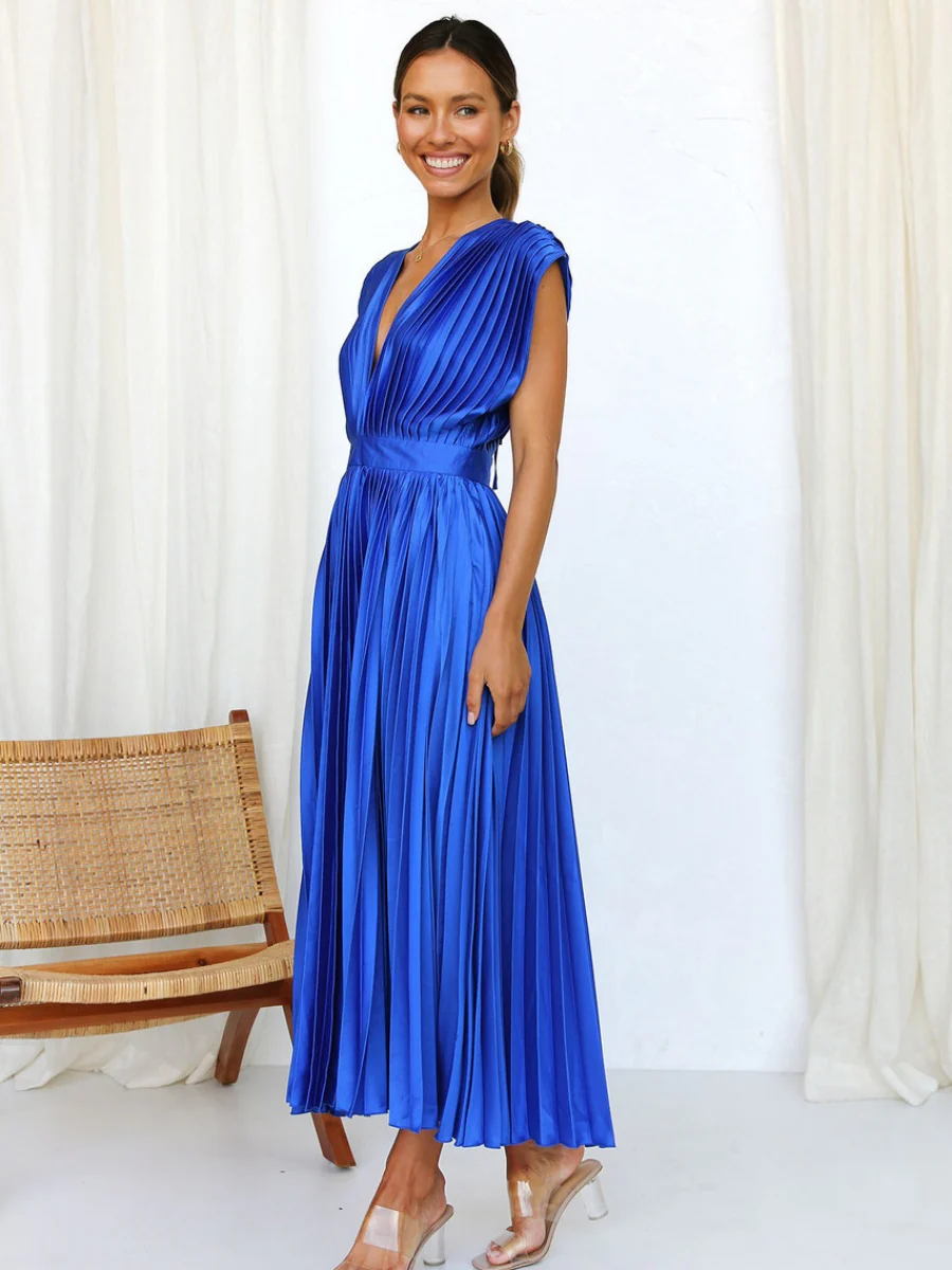 Solid Color V-neck Sleeveless Midi Dresses - Image 25