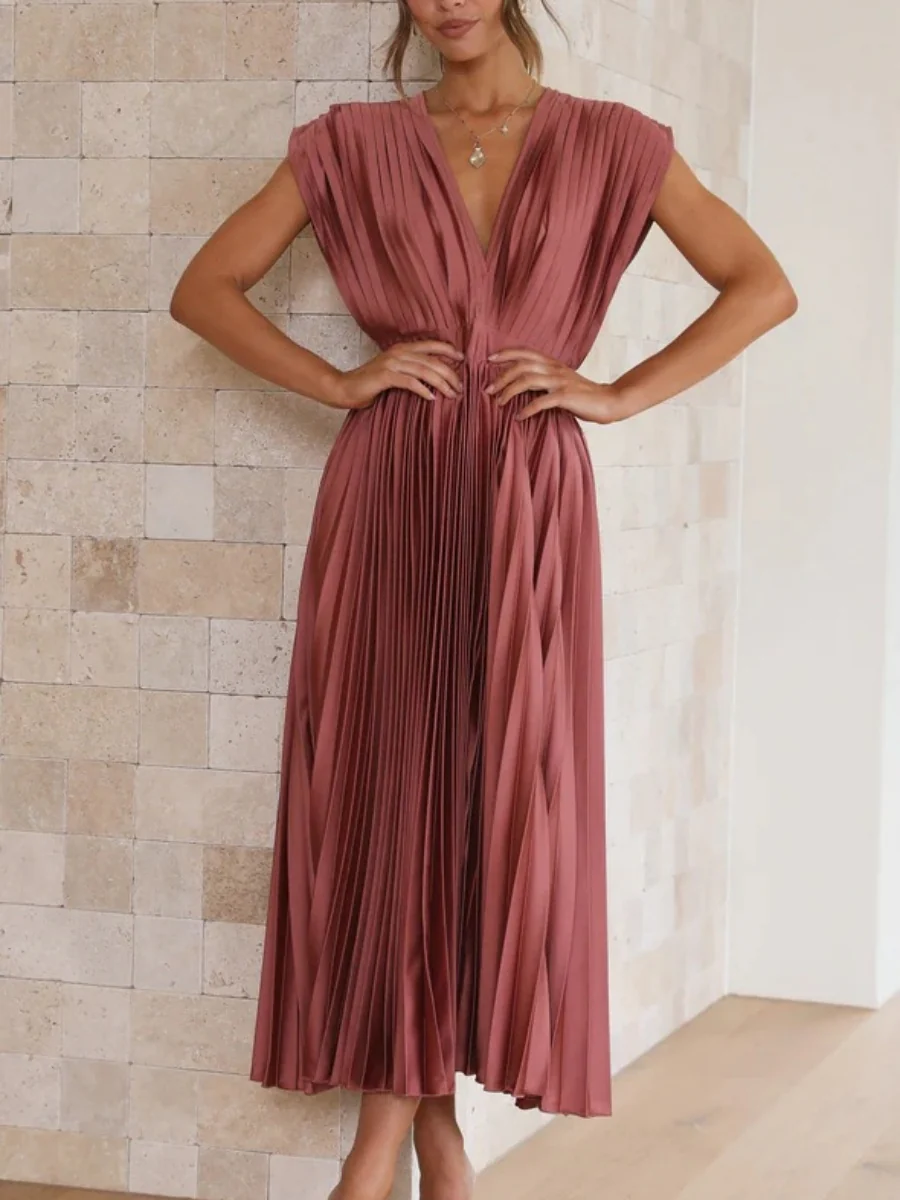 Solid Color V-neck Sleeveless Midi Dresses - Image 27