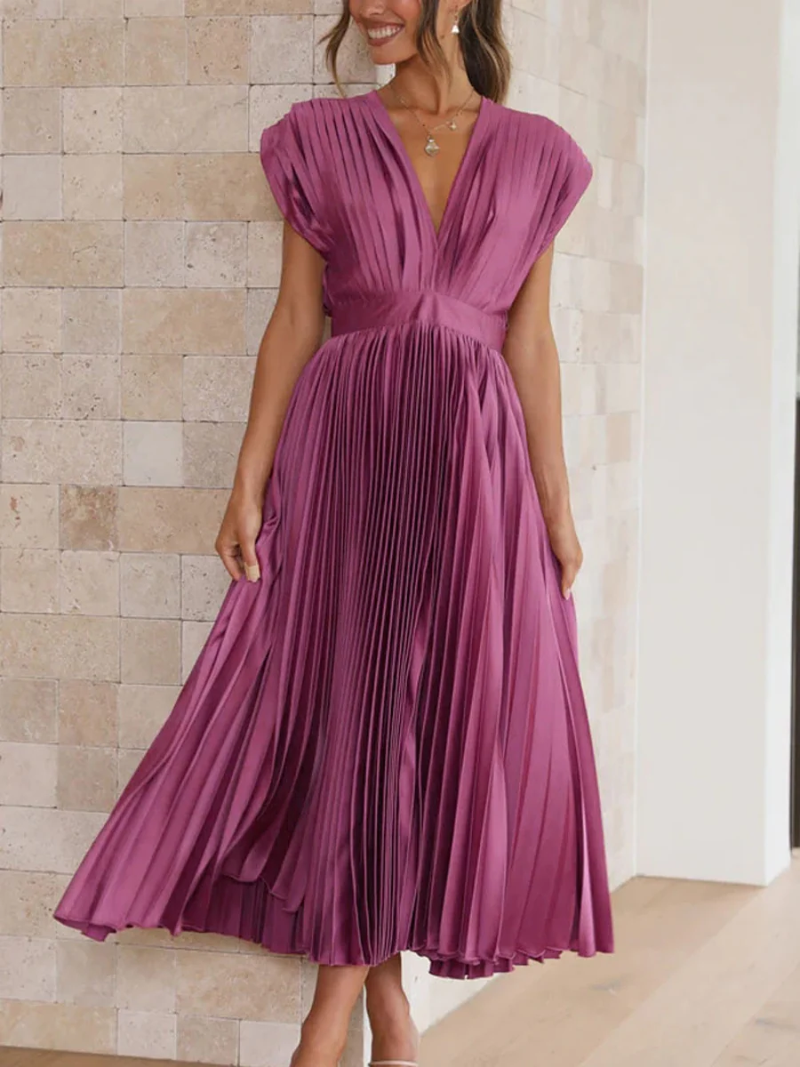 Solid Color V-neck Sleeveless Midi Dresses - Image 3