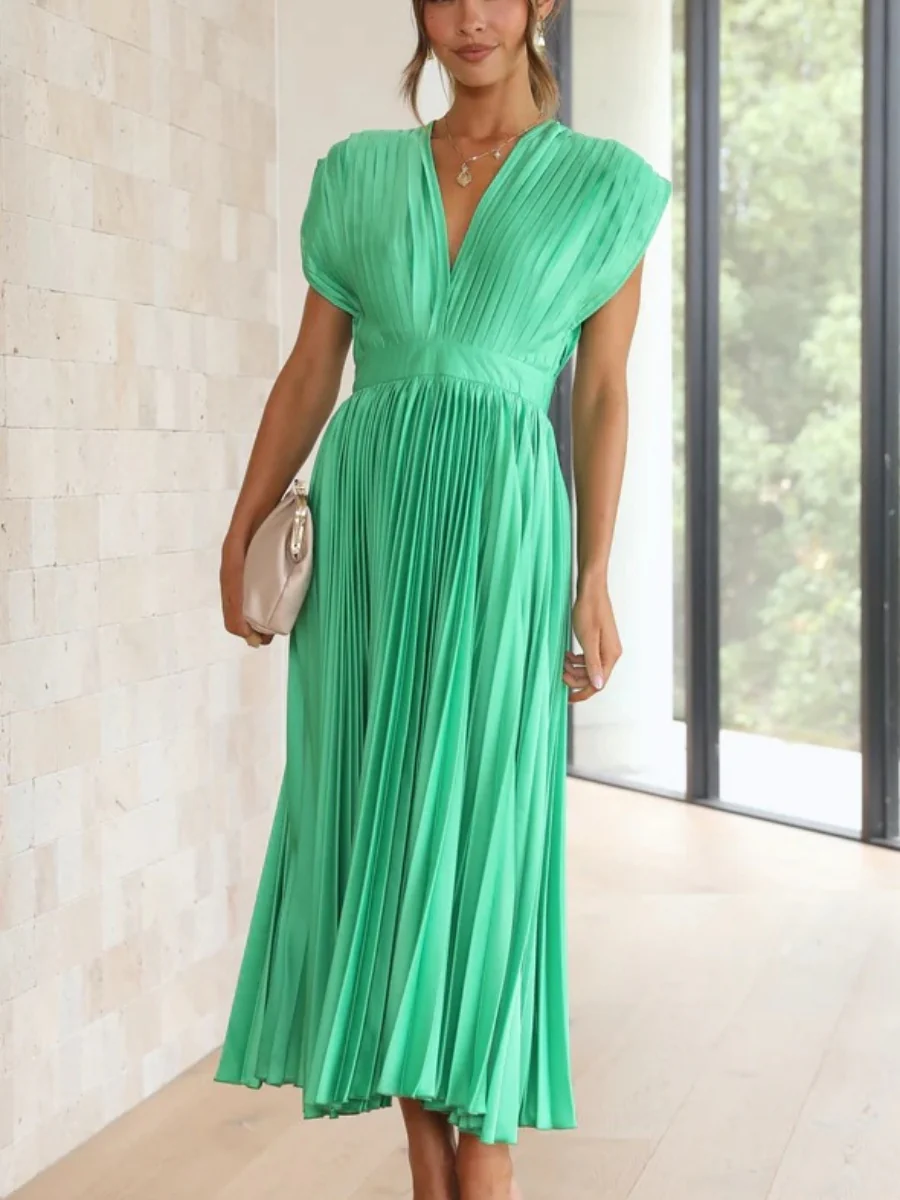 Solid Color V-neck Sleeveless Midi Dresses - Image 30