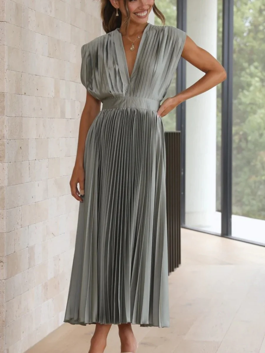 Solid Color V-neck Sleeveless Midi Dresses - Image 34