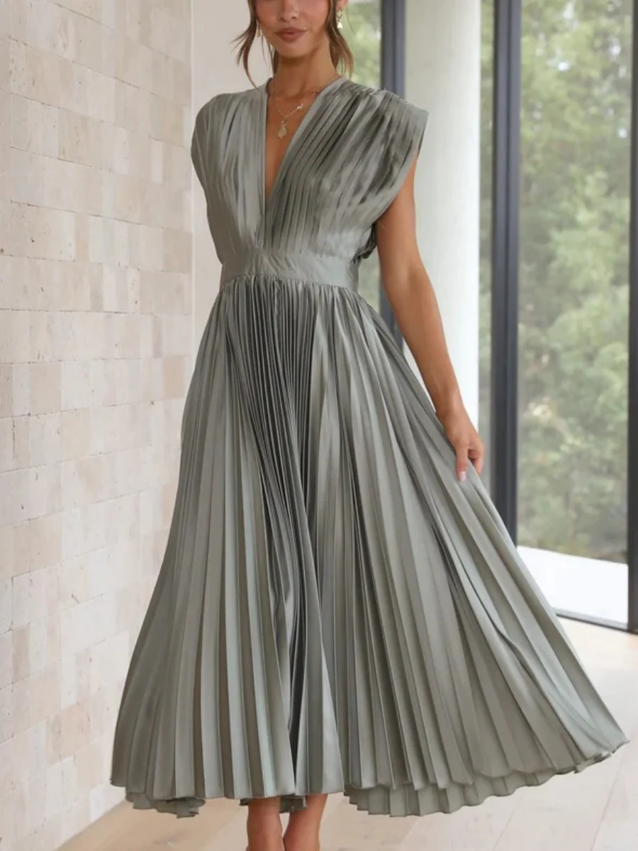 Solid Color V-neck Sleeveless Midi Dresses - Image 35