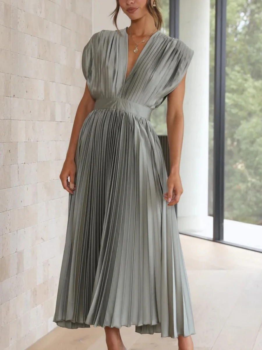 Solid Color V-neck Sleeveless Midi Dresses - Image 36