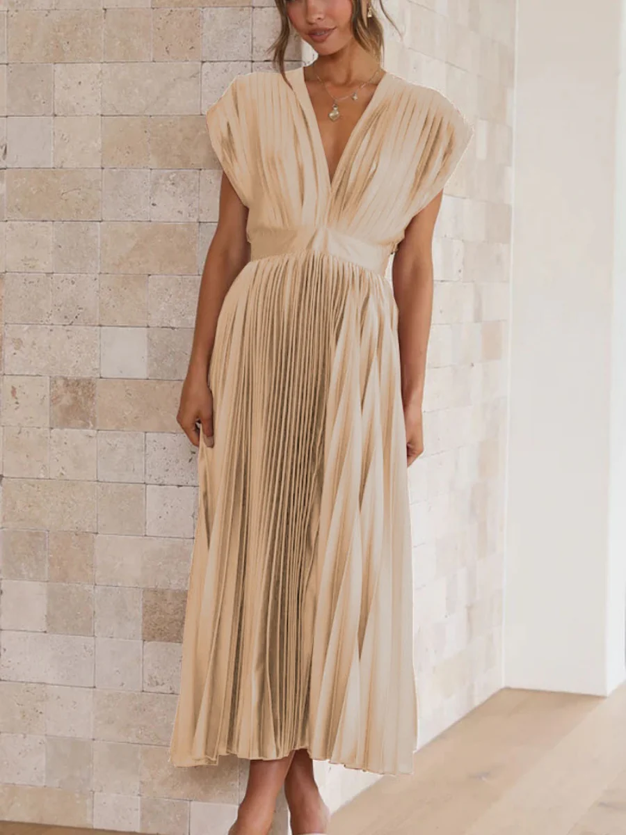 Solid Color V-neck Sleeveless Midi Dresses - Image 5