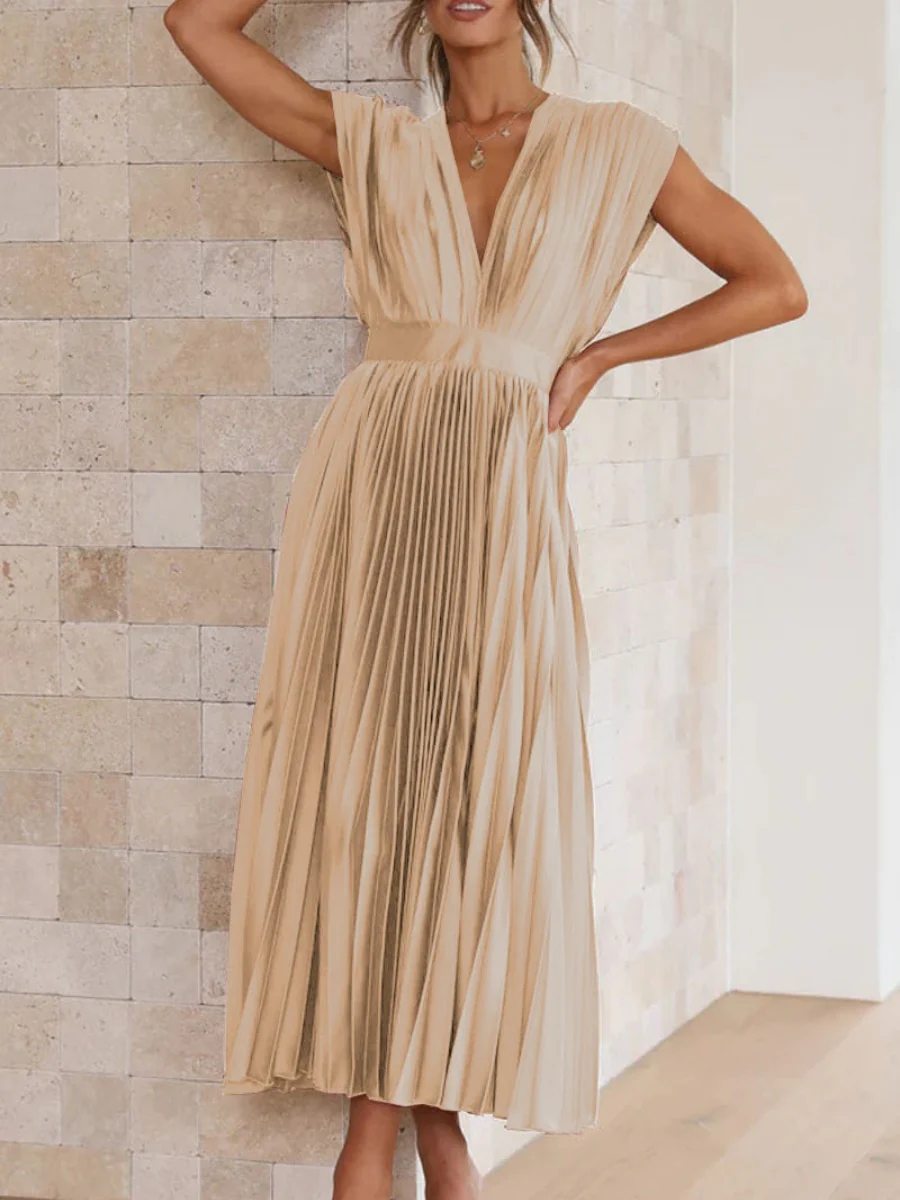 Solid Color V-neck Sleeveless Midi Dresses - Image 6