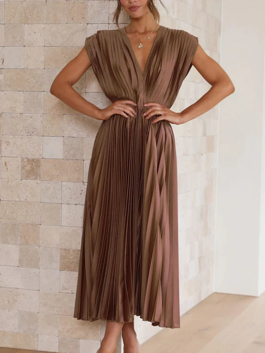 Solid Color V-neck Sleeveless Midi Dresses - Image 7