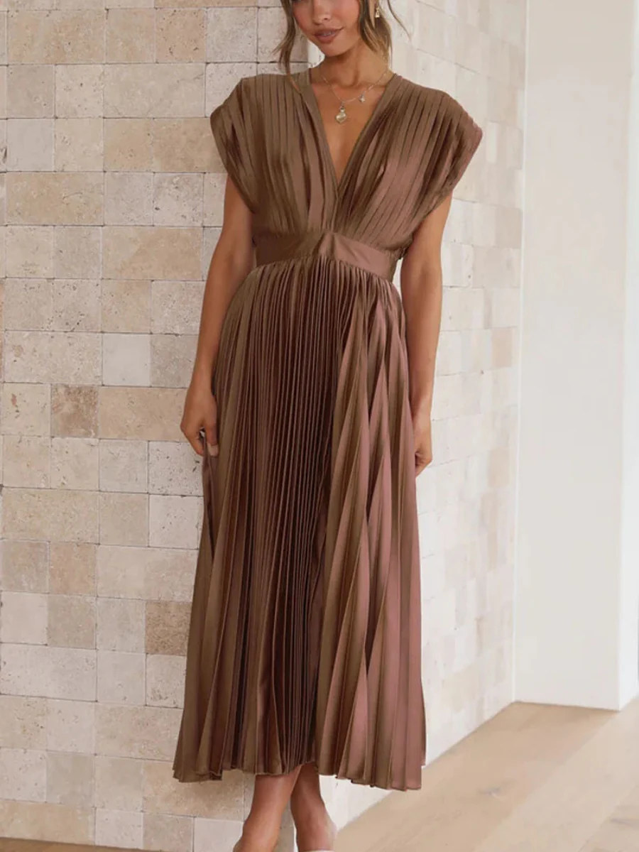 Solid Color V-neck Sleeveless Midi Dresses - Image 8