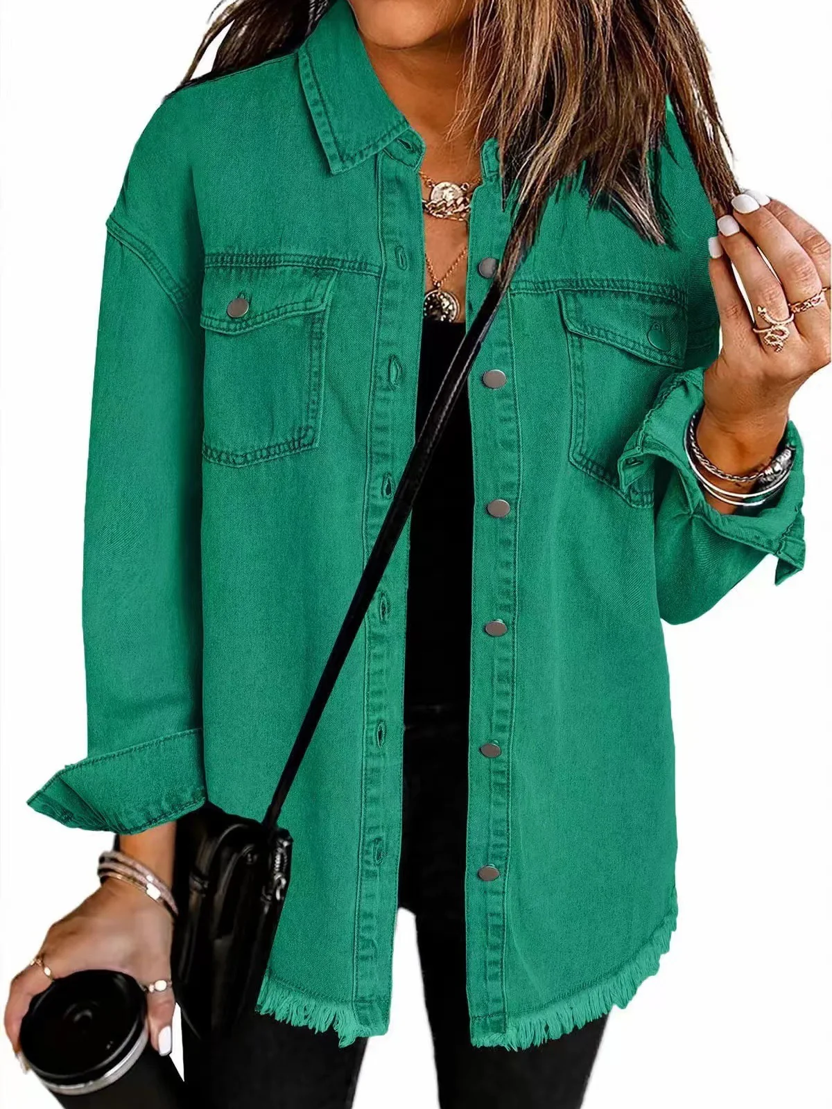 Denim Jacket With Frayed Pockets And Button Details - Image 11