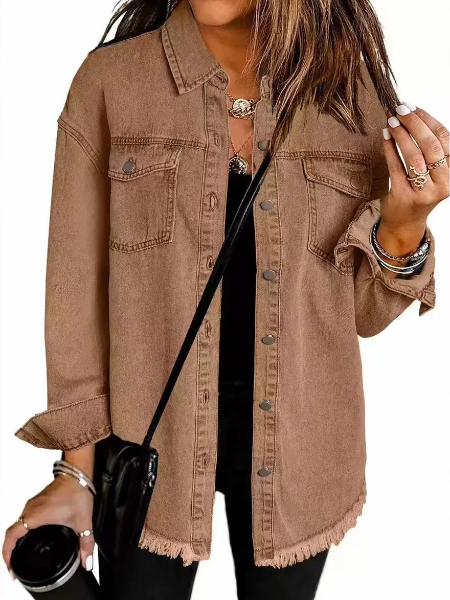 Denim Jacket With Frayed Pockets And Button Details - Image 12