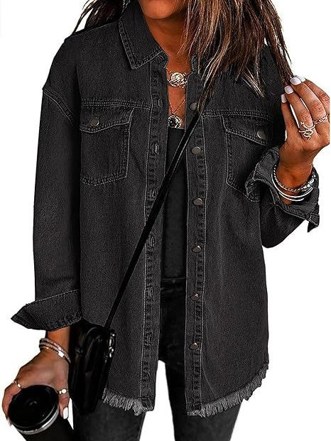 Denim Jacket With Frayed Pockets And Button Details - Image 2