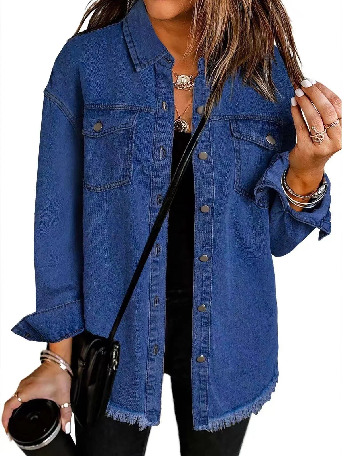 Denim Jacket With Frayed Pockets And Button Details - Image 3