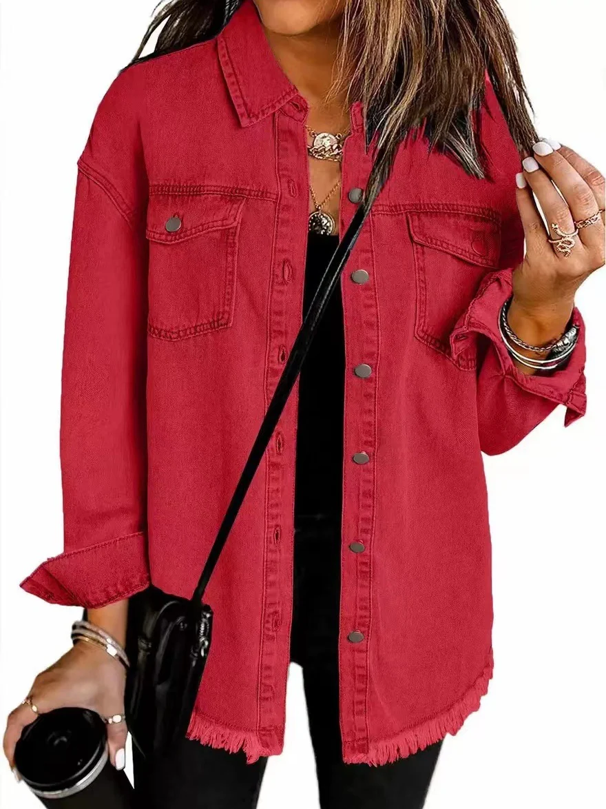 Denim Jacket With Frayed Pockets And Button Details - Image 6