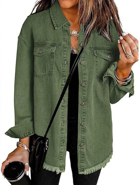 Denim Jacket With Frayed Pockets And Button Details - Image 8