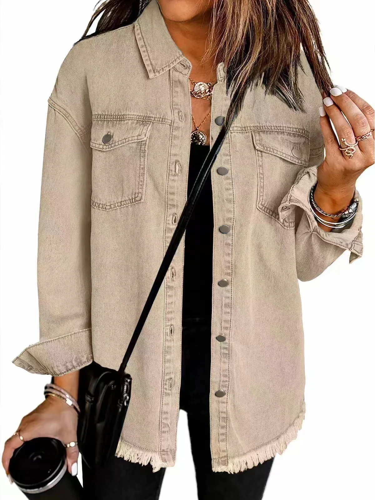 Denim Jacket With Frayed Pockets And Button Details - Image 9