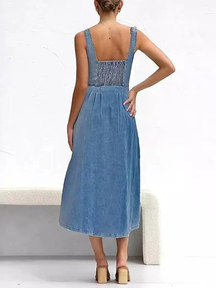 Blue Denim Distressed Overalls, Single-breasted Button Midi Dress - Image 2