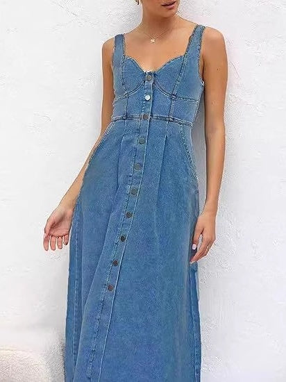 Blue Denim Distressed Overalls, Single-breasted Button Midi Dress - Image 3