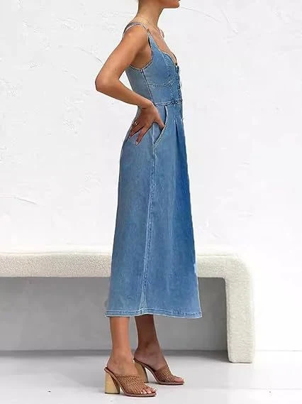 Blue Denim Distressed Overalls, Single-breasted Button Midi Dress - Image 4