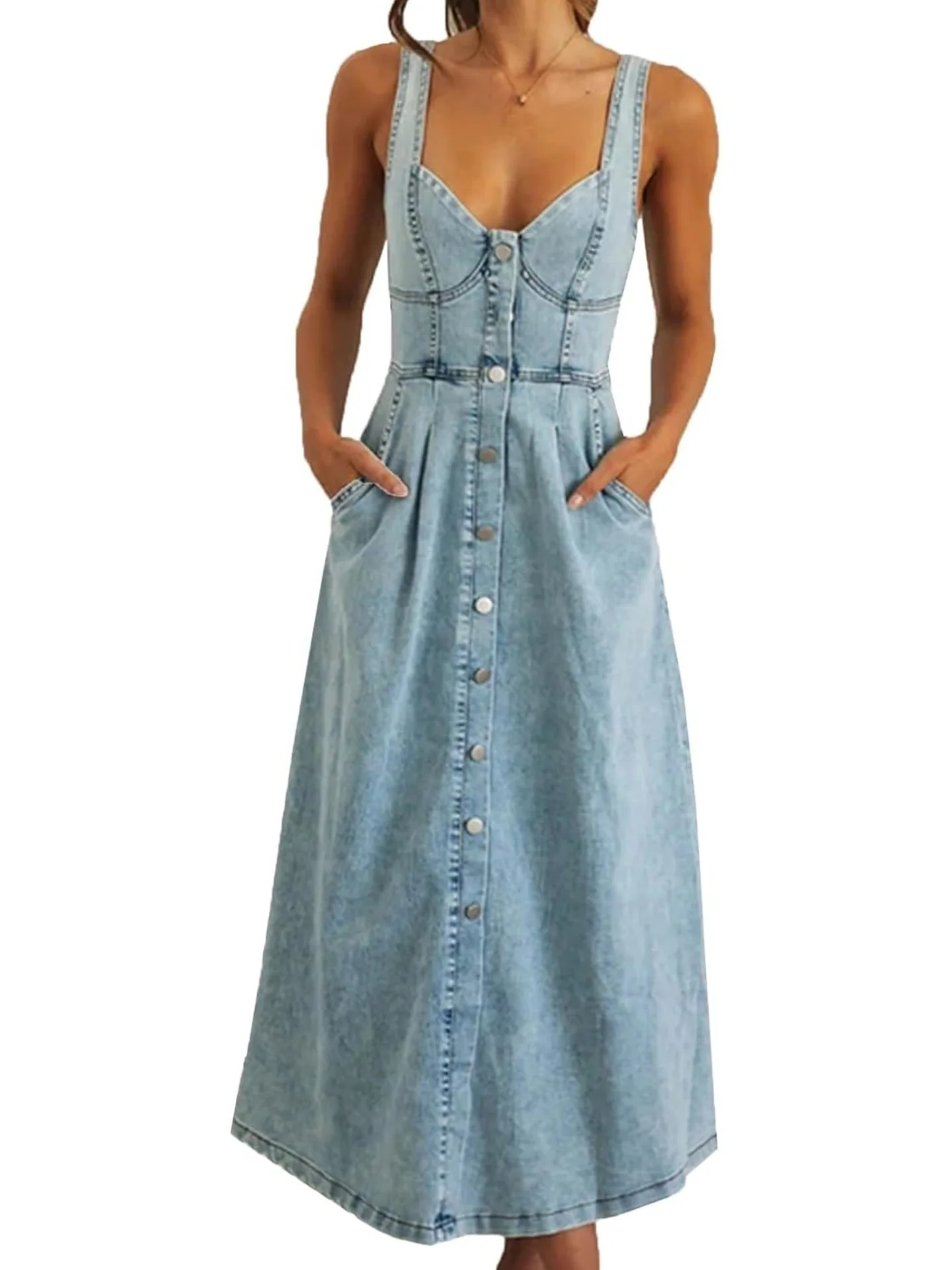 Blue Denim Distressed Overalls, Single-breasted Button Midi Dress - Image 5
