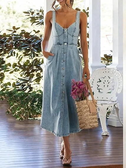 Blue Denim Distressed Overalls, Single-breasted Button Midi Dress - Image 6