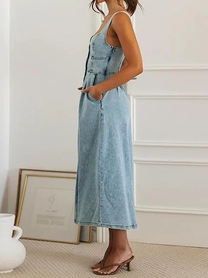 Blue Denim Distressed Overalls, Single-breasted Button Midi Dress - Image 7