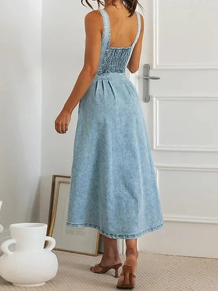Blue Denim Distressed Overalls, Single-breasted Button Midi Dress - Image 8