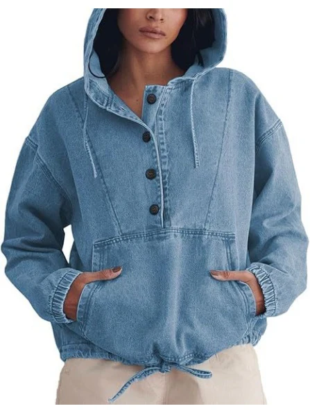 Button-up Pullover Denim Hoodie - Image 2