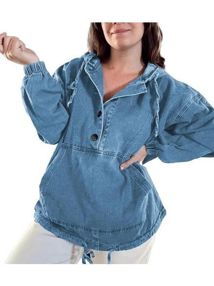 Button-up Pullover Denim Hoodie - Image 3