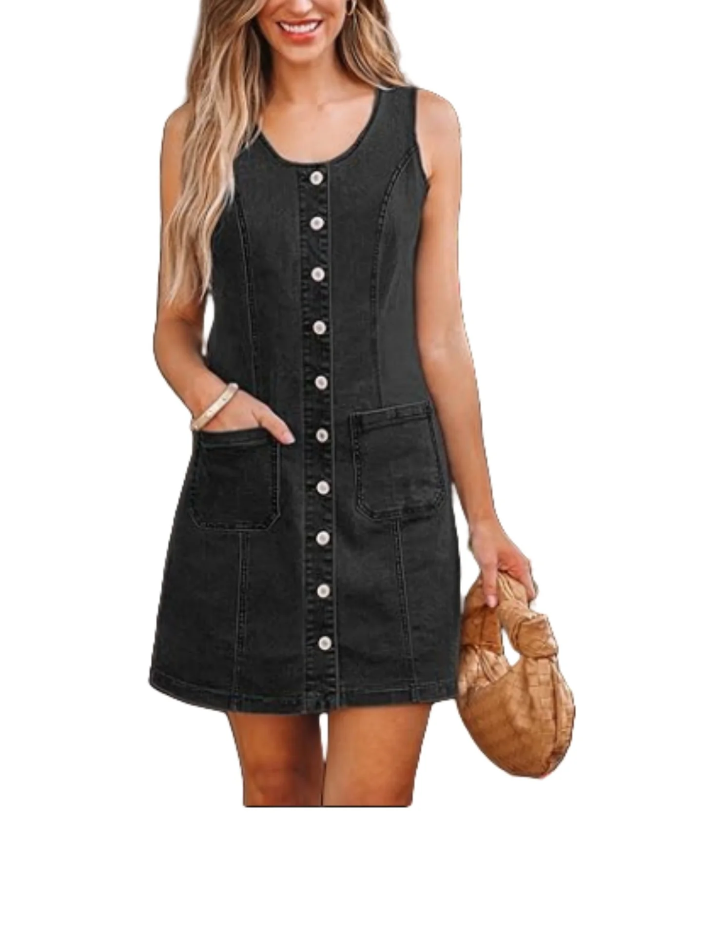 Sleeveless, Fitted Denim Button-down Short Dress With Patch Pockets - Image 11